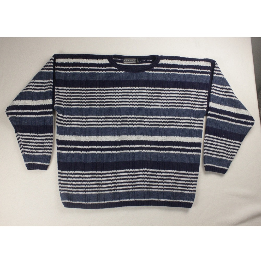 Vintage David Taylor Sweater Men XLT Blue Striped Knit Grandpa Crewneck USA